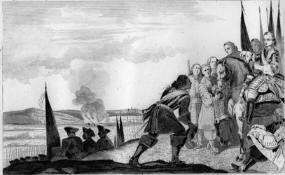 Luís XV (1710-74) na Batalha de Fontenoi em 1745 - Guerra de Sucessão da Áustria (1740-1748) - Maurice da Saxônia, marechal da Saxônia (1696-1750), vitorioso da Batalha de Fontenoy, encontra o Rei da França, Luís XV (1710-1774) - Gravura de 1825 em "Olá