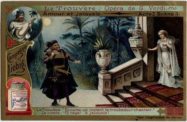 Acto de Amor e Ciúmes I Cena 3. Ilustração para a ópera "O achado" (Il trovatore) de Giuseppe Verdi (1813-1901). Cromolitografia (Chromo) Liebig do final do século XIX.
