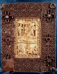 Prato inferior do Saltério de Carlos o Careca (Carlos II) (823-877): miniatura de marfim representando Nathan veio para matar a criança, ne da relação adúltera do rei de Israel David e Bethsabee. 850-875. Paris, B.N.