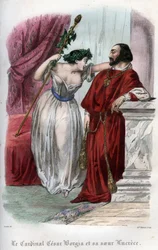 Lucrezia Borgia (1480-1519) com o seu irmão Cesare Borgia. (Lucrezia e Cesare Borgia). Gravura de 1842 em «Histoire des popes: crimes, murders, poisonings, parricides, adulteres, incest...» de Maurice Lachâtre. Coleção privada.