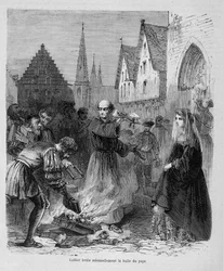 Lutero queima solenemente a bolha do papa - em "Histoire des popes" de Maurice Lachatre, sd. Século XIX