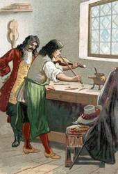 Luthier Stradivarius (Antonio Stradivari) (1644-1737) em sua oficina. Cromolitografia do século XIX