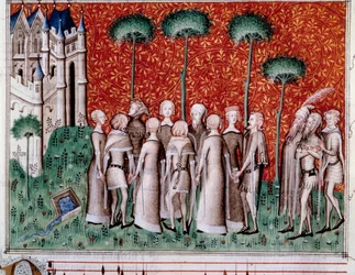Machaut a encontrar a sua senhora. Miniatura de uma partitura em "Remede de Fortune" (Folio 51) de Guillaume de Machaut (v. 1300-1377), cerca de 1350-1355.