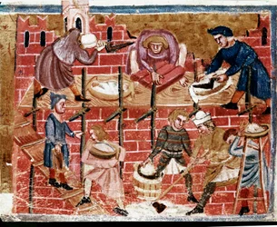 Pedreiros e construtores de casas. Miniatura retirada de “Os feitos dos Romanos”, século XIII. Veneza, Biblioteca Marciana