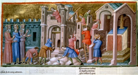 Pedreiros, canteiros e operários numa obra de uma cidade em miniatura do século XIV, "Saltério de Cantuária", B.N., Paris