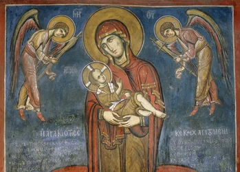 Madonna com Criança entre Arcanjos, fresco (1192), Igreja Panayia Tou Araka (Igreja de Nossa Senhora das Ervilhas) (Lista do Património Mundial da Unesco, 2001), Lagoudhera, montanhas Troodos, Chipre
