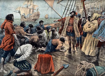 Magalhães (1480-1521) acalmando uma sedição da sua tripulação em San Julian em 1520 (gravura)