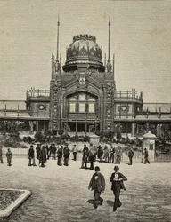 Fachada principal das Exposições Unidas, Milão, Itália, gravura a partir de fotografia dos irmãos Treves de L