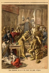 Composição de atores de uma pintura viva "homens em ouro" para a feira de gengibre. Gravura em "Le petit journal" 16/04/1894. Coleção da Selva.