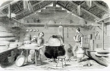 Fazer queijo Gruyère num chalé suíço, ou numa fábrica de queijo nos Alpes - em "The wonders of the industry" de Louis Figuier
