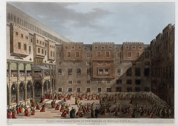 Mamluks praticando no pátio do Palácio Mourad Bey - em "Vistas no Egito, Palestina e outras partes do Império Otomano".