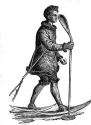 Homem em traje tradicional de khanty (khante ou ostiak) caçando Hermine. Os Khanty são pessoas fino-úgrias que vivem na Sibéria ocidental.