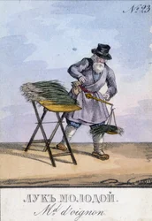 Homem a pesar cebolas numa balança pendurada no cinto. Ilustração do século XIX. Gravura do séc. XIX