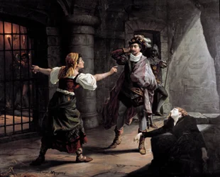 Manrico e Azucena estão presos na guarita do Palácio de Aliaferia, Leonora tenta salvá-los Ilustração para "O achado" (Il trovatore) de Giuseppe Verdi (1813-1901). Litografia por volta de 1880. Coleção Particular