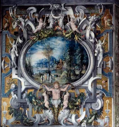 Manto da chaminé da homenagem a Jules Cesar na sala do quadro dos heróis romanos Anónimos. Por volta de 1547. Ouça, Museu Nacional Renascentista