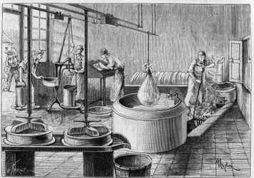 Fabricação de gruyere: uma moderna fábrica de queijo. Gravura em "La Nature: Revue des sciences et de leurs applications aux arts et a l