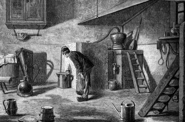 Fabricação de kirsch: destilação, castelo de Isenberg na Alsácia. Gravura em "Le Journal de la jeunesse".