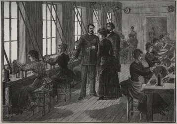 Fabricação de plumas metálicas: oficina de afiação em França no século XIX. Gravura de 1885 em "Les arts et metiers illustres" de Adolphe BITARD.