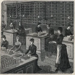 Fabrico de penas metálicas: selecção e embalagem de penas numa fábrica em França, no século XIX. Gravura a partir de 1885 em "Les arts et metiers illustres" de Adolphe BITARD.