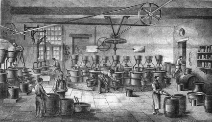 Fabricação de mostarda e conservas em Louit freres em Bordeaux. Gravura a partir de 1865.