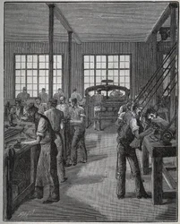Fabricação de porta-lápis (porta-lápis) e porta-lápis (porta-lápis). Gravura de 1885 em "Les arts et metiers illustres" de Adolphe BITARD.