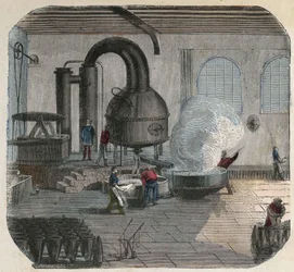 Fabricação de açúcar em uma fábrica. Ilustração do século XIX. Coleção Bianchetti