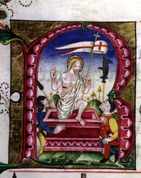 Manuscrito de uma canção litúrgica. Miniatura representando a ressurreição. Século XV. Igreja da Virgem Coroada de Lodi.