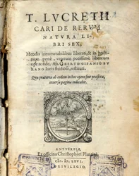 Página manuscrita do volume 6 de "" De natura rerum "" (Da natureza) do filósofo latino Lucrece (Titus Lucretius Carus) (98-55 AC) 1564