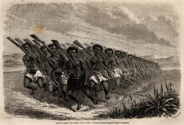 Dança de Guerra Maori, desenho de Emile Bayard (1837-1891), para ilustrar a viagem de Ferdinand de Hochstetter à Nova Zelândia de 1858 a 1860. Gravura em "Le tour du monde", editado por Edouard Charton