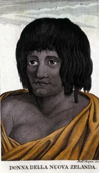 Mulher maori da Nova Zelândia. Gravura do início do século XIX.