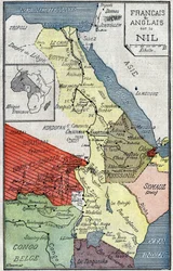 Mapa dos territórios africanos colonizados por franceses e ingleses ao longo do Nilo. Ilustração em "Le Pelerin" de 2 de outubro