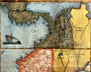 Mapa da América Central no século XVI: acima mostra as regiões do Peru, Amazônia e Bogotá (Panamá, Colômbia e Venezuela).