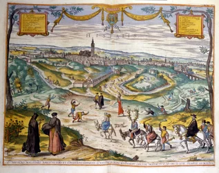 Mapa da cidade de Sevilha, em 1590. No canto inferior direito da fotografia, as pessoas da aldeia gozam com um cornudo no seu burro.