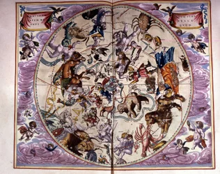 Mapa do céu e signos do zodíaco - fac-símile de uma composição antiga representando as constelações do céu do norte, segundo a "Harmonia Macrocosmica" de André Cellarius