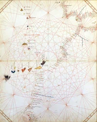 Mapa mostrando Gibraltar, Marrocos e as Ilhas Canárias. Portulan do século XV.