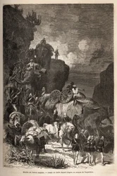 Marcha do exército inglês em direcção ao planalto Dalanta, seguindo as tropas do Imperador Theodoros (cerca de 1818-1868), com elefantes para o transporte de peças de artilharia. Gravura para ilustrar a história "les captifs de Theodoros", do Doutor Henry 