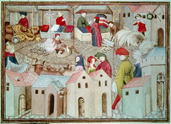 Marche de Champeaux em Paris Betail e comerciantes de aves, drapers. Miniatura tirada de "The Wandering Knight" de Thomas de Saluces (Tommaso III di Saluzzo), cerca de 1403-1404. Paris, B.N.