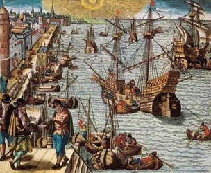 Comércio marítimo e comércio com as Índias espanholas (colônia), em particular a exploração da Cana de Açúcar. Partida do porto de Lisboa para as Índias Orientais, América e Brasil.