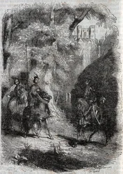 Marphise (Marfisa) e a mulher velha conhecem Pinabel (Pinabello) - gravura de 1851 de "Furious Roland" (Orlando furioso) (século XVI) de Ludovico Ariosto, conhecido como Ariosta - Edição traduzida do italiano pelo Conde de Tressan e publicada por