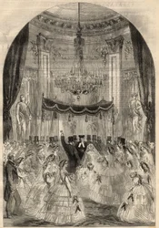 Casamento do Barão Alphonse de Rothschild (1827-1905) e Leonora de Rotschild (1837-1911). A Maria aprendeu a jogar uma bebida no chão, a última etapa de um casamento judeu chamado de "copo partido". Gravura no "The Illustrated London News" de Março