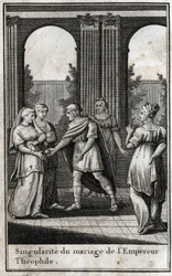 Casamento do imperador teófilo bizantino (813-842): tendo unido as mulheres mais belas do reino para encontrar uma esposa, escolheu Theodora e ofereceu-lhe uma maçã de ouro. Gravura em "Beaute de l