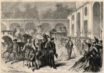 Casamento da infante Marie-Isabelle (Marie Isabelle) de Espanha (Isabel de Borbon y Borbon) (1851-1931) e Gaetan de Bourbon-Sicilies (Bourbon Sicilies) (1846-1871), Conde de Agrigento (Girgenti): chegada do cortejo à Basílica Real de Atocha em