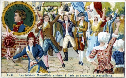 Os Federados de Marselha chegam a Paris cantando Marselhesa - chromo, final do século XIX