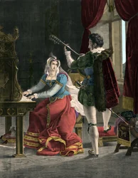Mary Stuart e David Rizzio - Marie (Mary) Iere Stuart (1542-1587) com David (Davide) Rizzio - gravura do século XIX