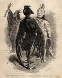 Máscaras e disfarces para a dança da medicina entre os índios Naya. Gravura para ilustrar uma excursão entre as tribos indígenas das bacias da Colômbia e Upper Missouri, de G. Catlin, em 1855, publicada em "le tour du monde", sob a direção