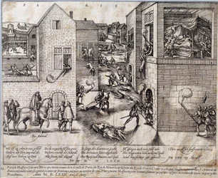 Massacre de Saint Barthelemy (São Bartolomeu) em Paris, na noite de 24 de Agosto de 1572. Gravura do século XVI. Pau, Musee Du Chateau