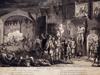 Massacre de Saint Barthelemy (São Bartolomeu) em Paris, na noite de 24 de Agosto de 1572. Gravura do século XVI. Pau, Musee Du Chateau