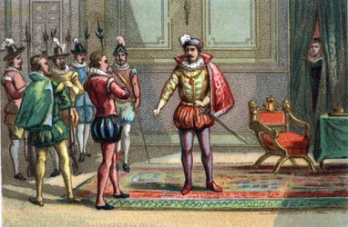 Massacre de São Bartolomeu, o Duque de Conde e Henrique de Navarra foram levados a Carlos IX, Rei de França (1550-1574), que lhes ofereceu a escolha entre a missa e a morte. Catherine de Medicis (Caterina de Medici) (1519-1589) observa a cena. Crom