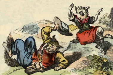 Mestre raposa brinca com o Cabrito. Ilustração do conto "Bon medor e o Pequeno Chevrette". Em "Contos do lar para os pequenos". Gravura anónima do século XIX.