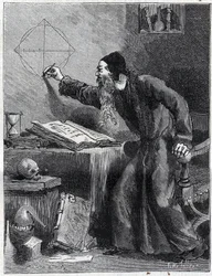 Matemática e Geometria: Investigadora científica da quadratura do círculo no século XVI. Gravura em "La Nature" 1890. Colecção privada.
